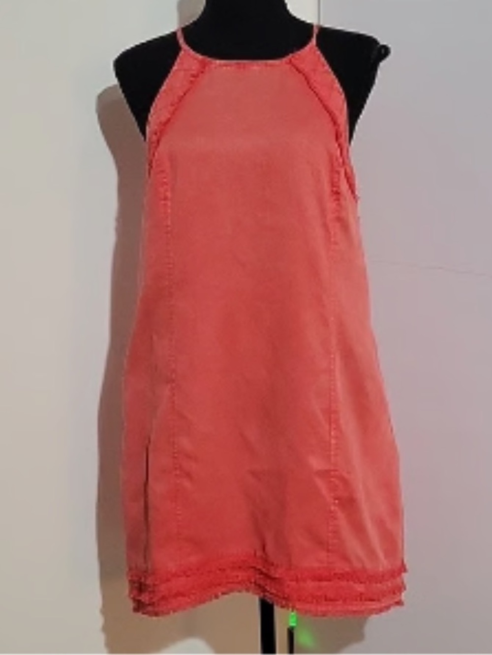 Fate Coral Orange Linen Tencel Blend Mini Dress Fringe Hem Pockets Size Medium